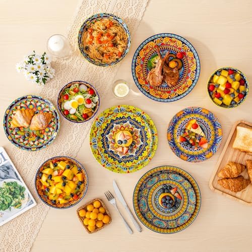 vancasso 24 Pieces Plates and Bowls Set, Bohemian Style Dinnerware Sets Service for 6, Porcelain Boho Dishes Set for Kitchen, Housewaring Gift, Dishwasher and Microwave Safe, Series KRVI