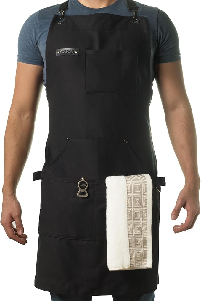 Asaya Chef and BBQ Apron with Bottle Opener and Hand Towel - 10oz Cotton Canvas by AsayaChefProducts