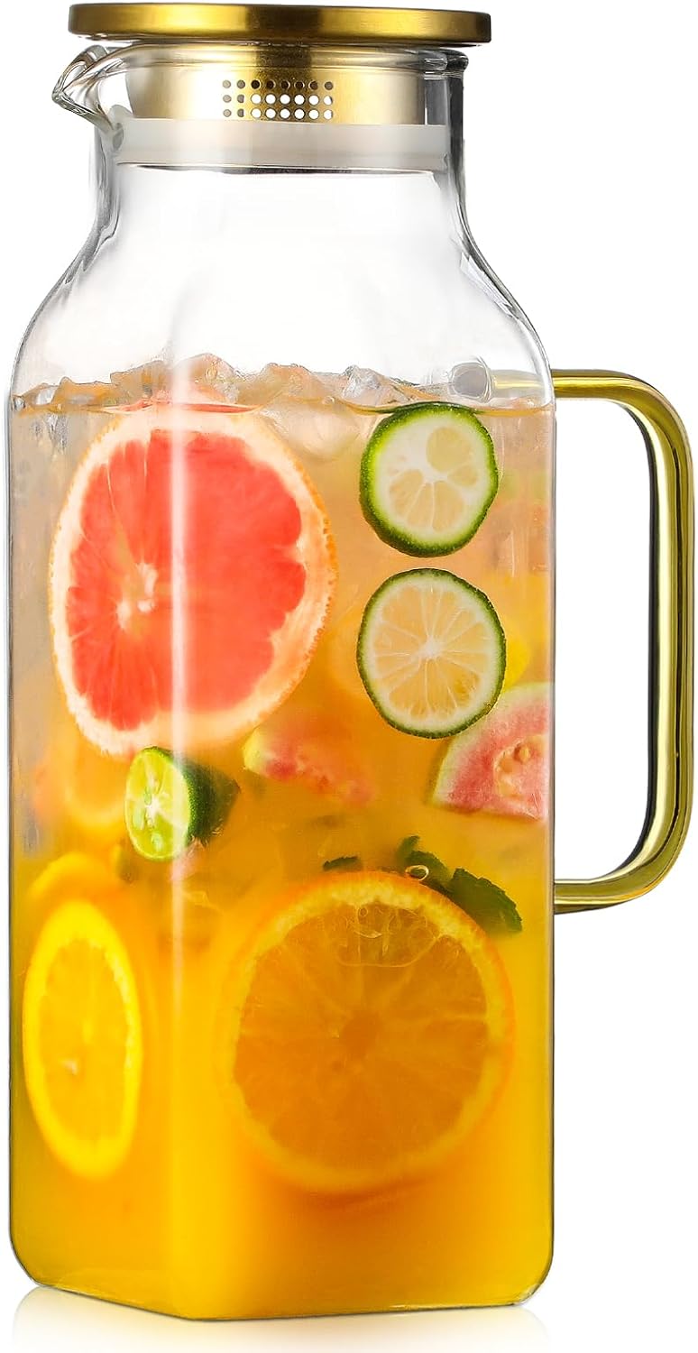 2 Quart (2 Liter 68 oz) Square Glass Pitcher with Lid and Spout, Water