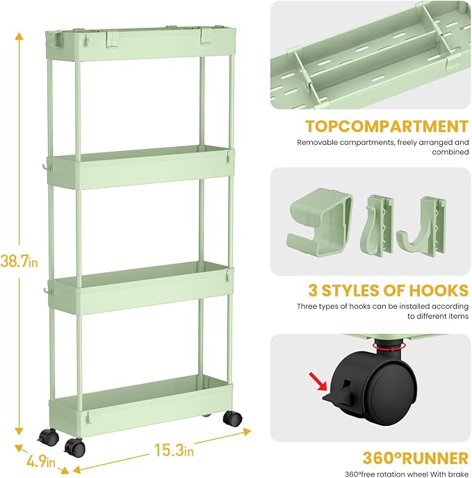 SPACELEAD Slim Storage Cart 4 Tier, Bathroom Organizer Rolling Utility - Image 3