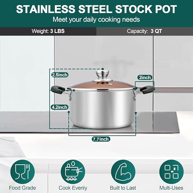 TeamFar 3 Quart Stock Pot, Stainless Steel Stock Pasta Soup Pot - Image 2