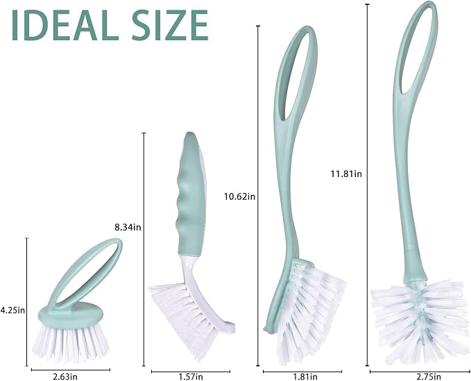 Dish Brush with Handle, Kitchen Dish Scrub Brush Set, 4-Piece Kitchen Cleaning - Image 6