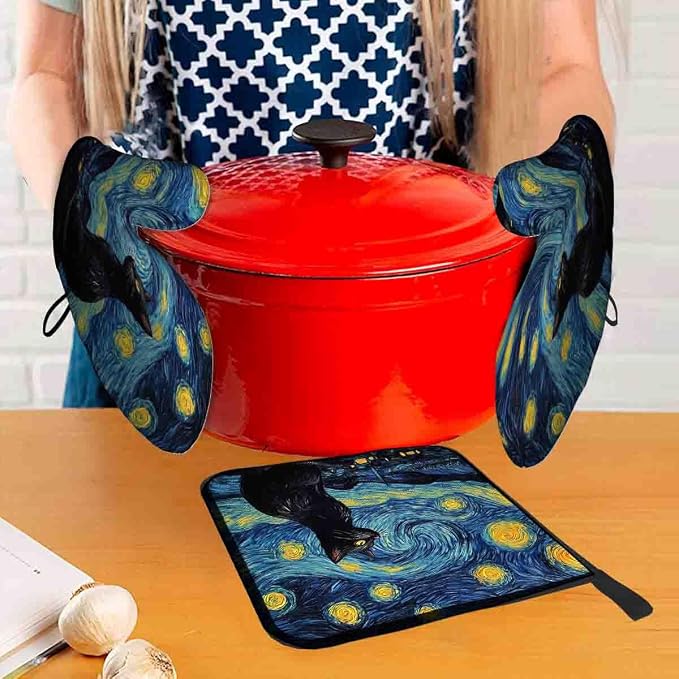 LOKMU Oven Mitts and Pot Holders Set of 3, Starry Night and Black Cat Heat - Image 6