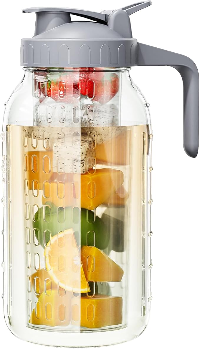 64 oz Glass Pitcher with Lid, Heavy Duty Wide Mouth Mason Jar with Pour Spout by OneDream
