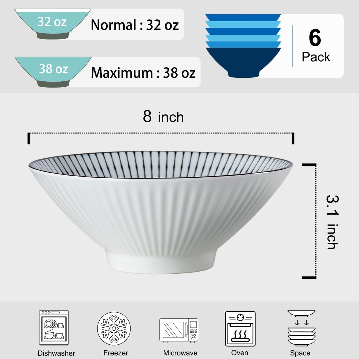 38 oz Japanese Ramen Bowls Set of 6, Large Pho Bowls, 8 Inch Ceramic