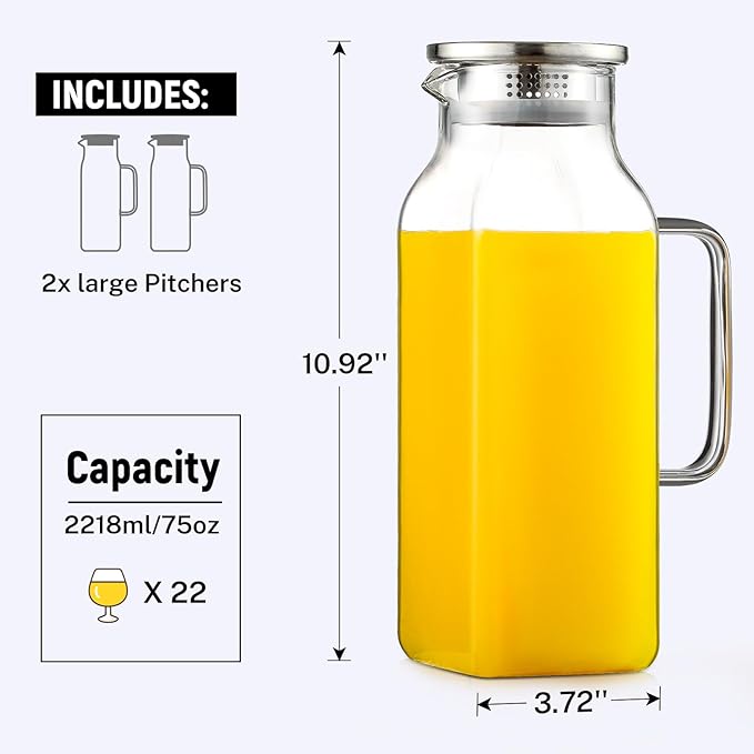 Netany 2 Pack 2.22 Liters/75 oz Square Glass Pitcher - Image 2