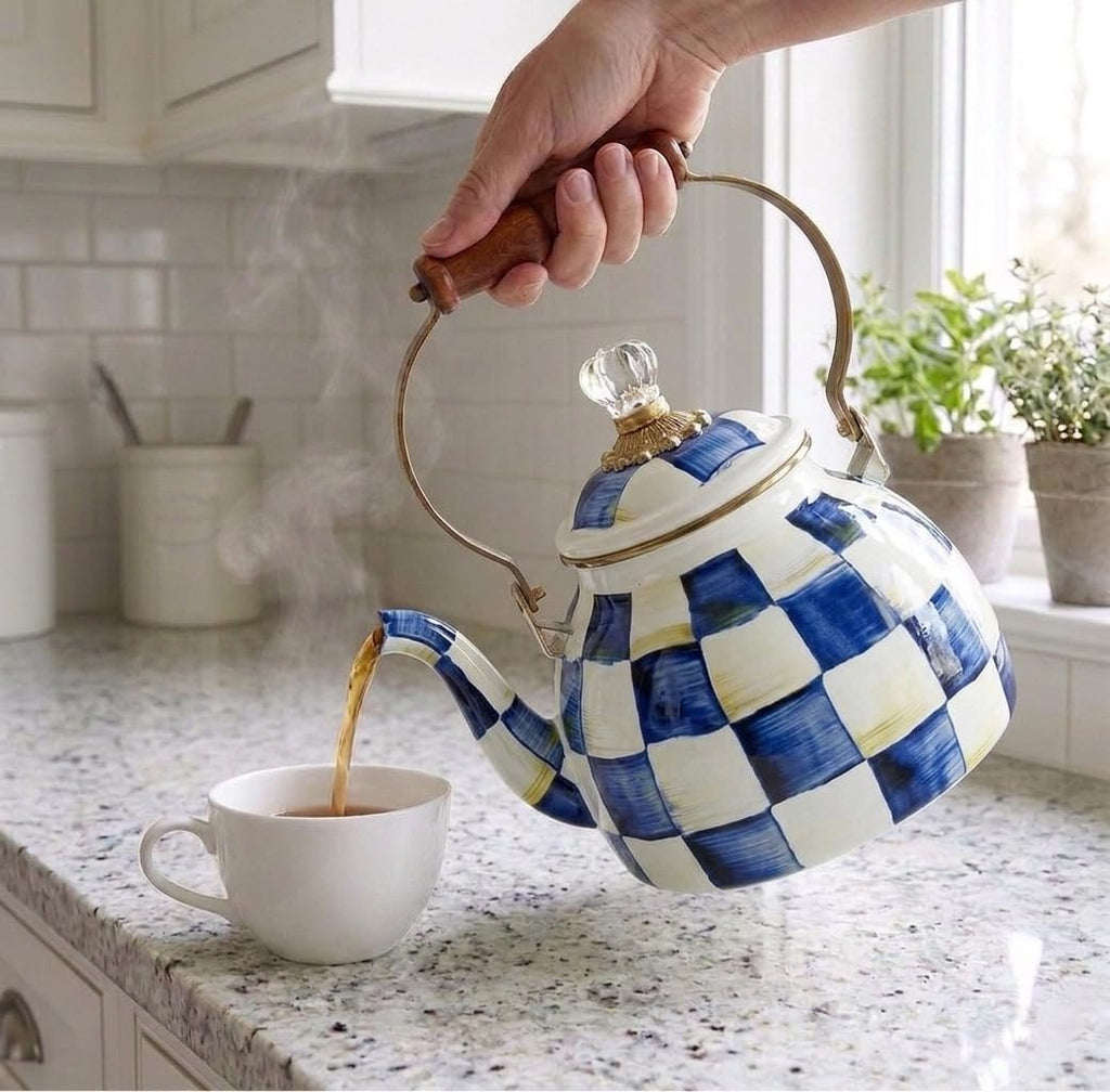 Checkered Tea Kettle for Checkered Kitchen Decor - Blue and White Tea