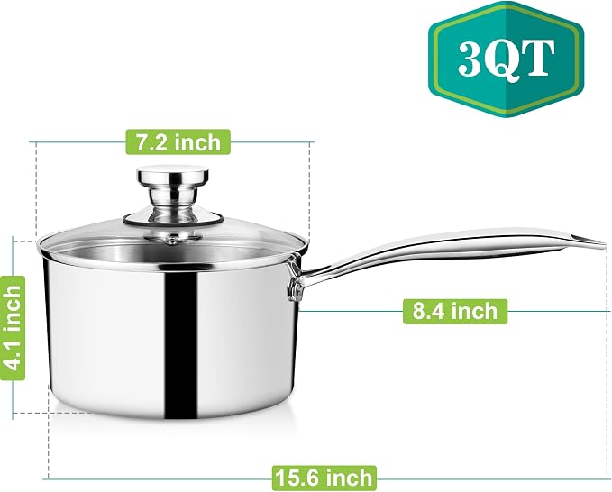 P&P CHEF 3 Quarts Tri-Ply Stockpot and Saucepan, Stainless Steel Sauce Pan - Image 2
