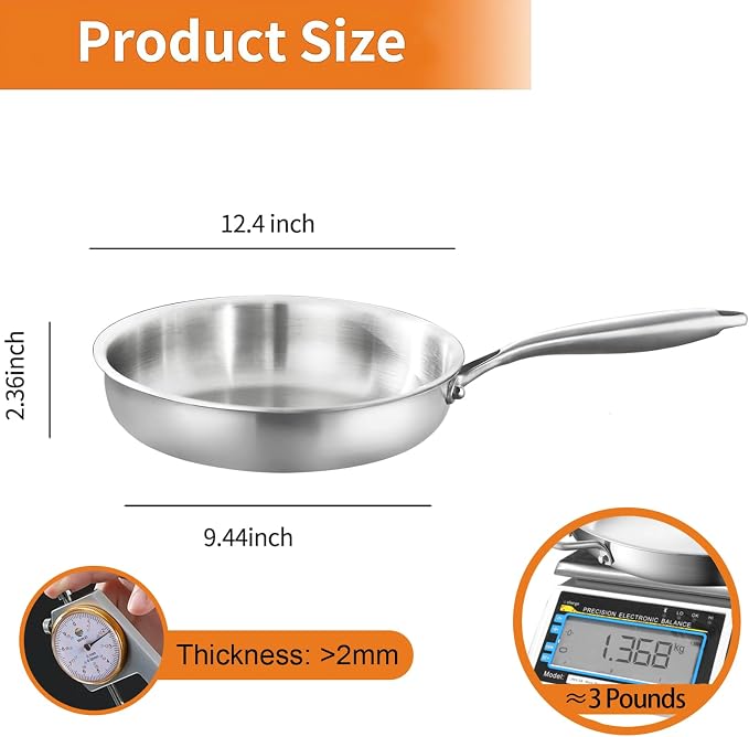 DELARLO Tri-Ply Stainless Steel Pan, 18/10 Frying Pan, Oven Safe Up to 600°F - Image 3