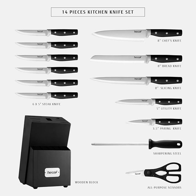 hecef Kitchen Knife Block Set, 14 Pieces Knife Set - Image 2