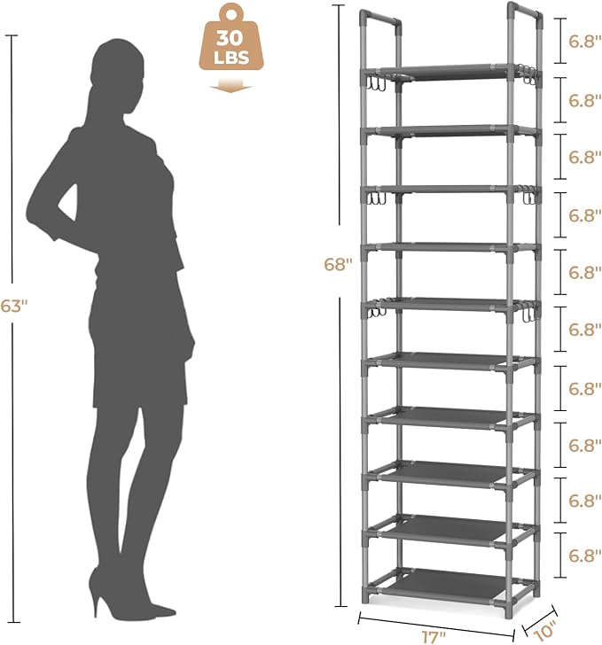 VTRIN 10 Tiers Tall Shoe Rack Holds 20-25 Pairs of Shoes Sturdy Vertical Shoe - Image 3