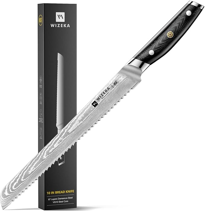 WIZEKA 10 inch Damascus Serrated Bread Knife by WIZEKA