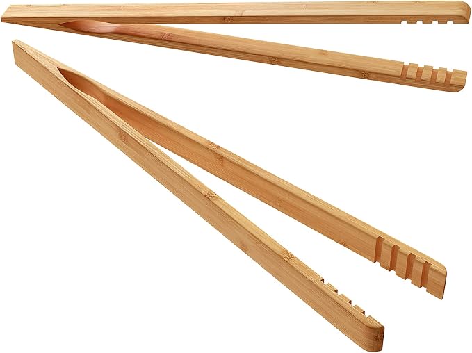 DUJEN 2 Pieces Bamboo Toast Tongs, 10.2 Inches Long Wood Toaster Tongs by DUJEN