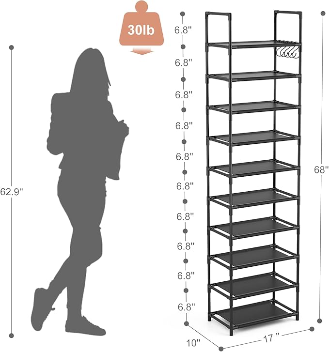 LANTEFUL 10 Tiers Tall Shoe Rack 20-25 Pairs Boots Organizer Storage Sturdy - Image 3