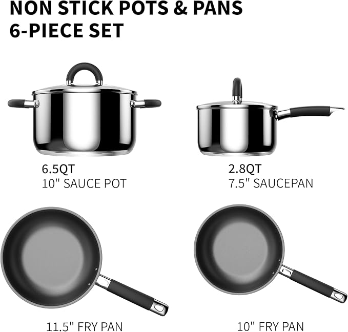Pots and Pans Set Non Stick, 5 Ply Stainless Steel Cookware Set of 6, 2.8QT - Image 2