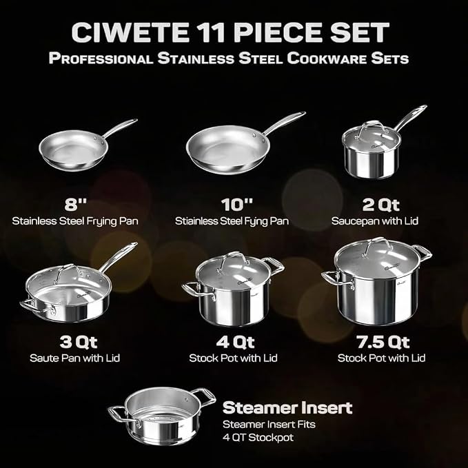 Ciwete 11-Piece Tri-Ply Stainless Steel Pots and Pans Set, 18/10 Stainless - Image 3