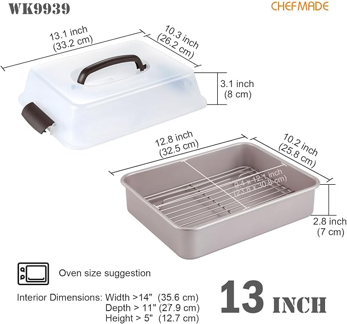 CHEFMADE Roasting Pan with Rack and Lid, 13-Inch Non-Stick Rectangular Deep - Image 2