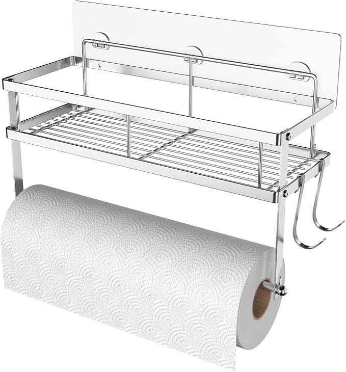 ESOW Paper Towel Holder with Shelf Storage, Adhesive Wall Mount 2-in-1 Basket by ESOW