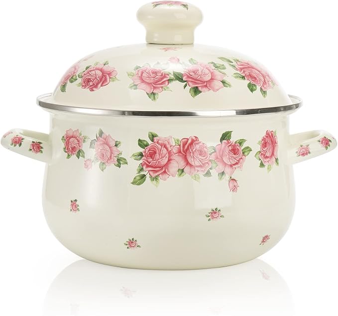 SOUJOY Enamel Stockpot with Lid, 2.8 Quart Retro Cooking Pot, Vintage Floral by SOUJOY