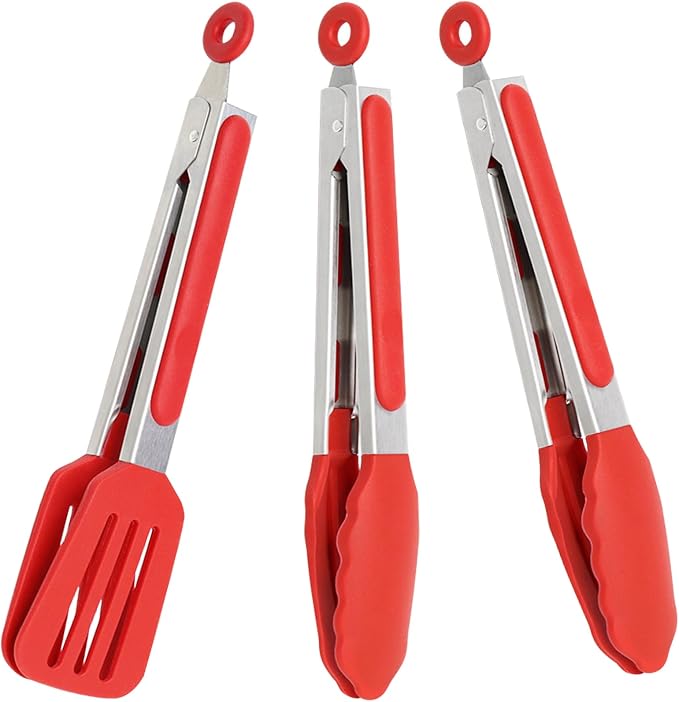 9 Inch Small Kitchen Tongs Set of 3, Silicone Cooking Tongs by Pharamat