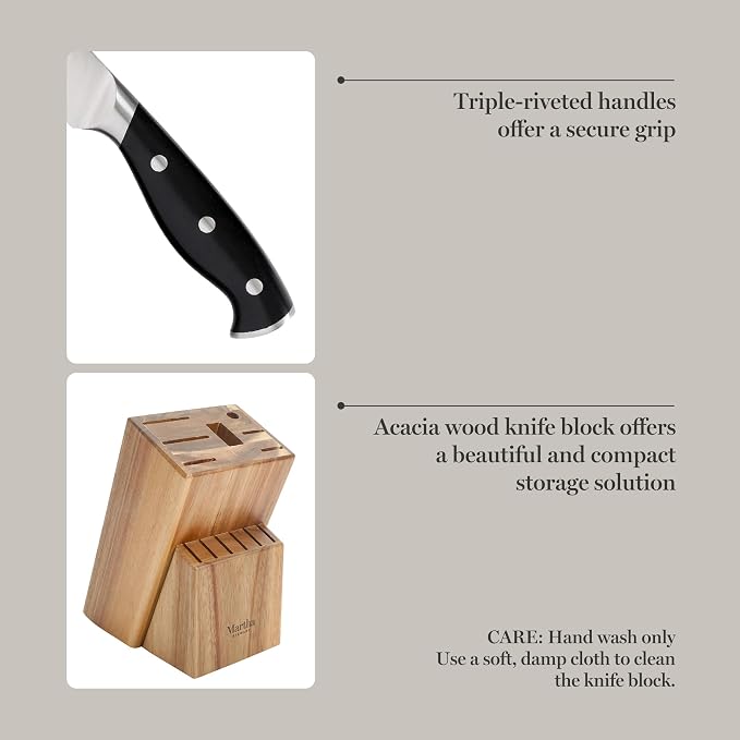 Martha Stewart Greeley 14 pc Triple- Riveted Cutlery Knife Acacia Wood Block - Image 5