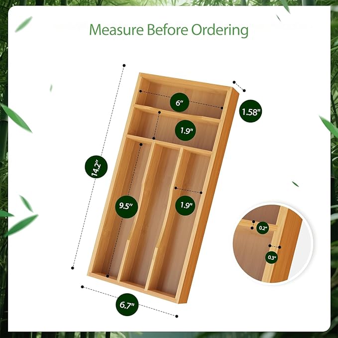 Small Silverware Organizer, Bamboo Kitchen Drawer Cutlery Organizer, Utensil - Image 2