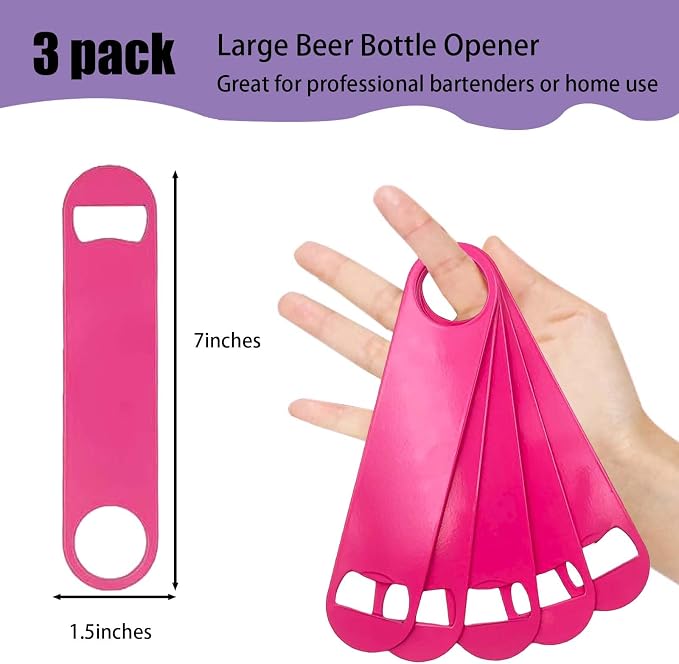3 Pcs Pink Stainless Steel Heavy Duty Flat Bottle Openers, 7 Inch Solid Beer - Image 2