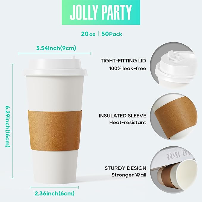 JOLLY PARTY 20 oz Paper Coffee Cups, Disposable Paper Coffee Cup - Image 2