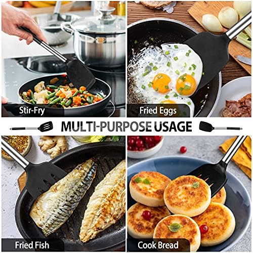 Silicone Cooking Spatula and Spoon Set, Stainless Steel