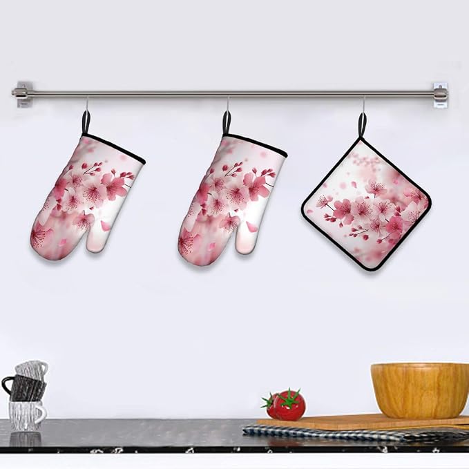 LOKMU Oven Mitts and Pot Holders Set of 3, Watercolor Pink Cherry Blossoms - Image 5