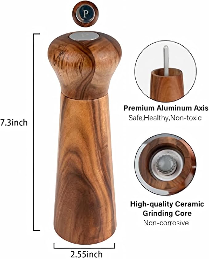 Wooden Pepper Grinder, Refillable Pepper Mill, Adjustable Pepper Shaker - Image 2