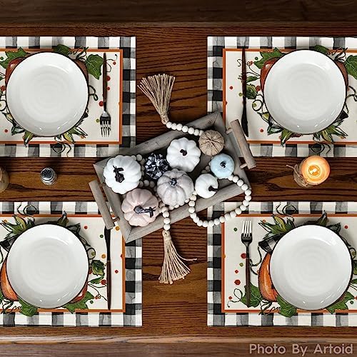 Artoid Mode Pumpkin Buffalo Plaid Fall Placemats Set of 4-12 x 18 Inch