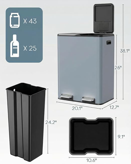 ComfyCorner 16 Gal Dual Trash Can, Stainless Steel Kitchen Garbage Bin - Image 2