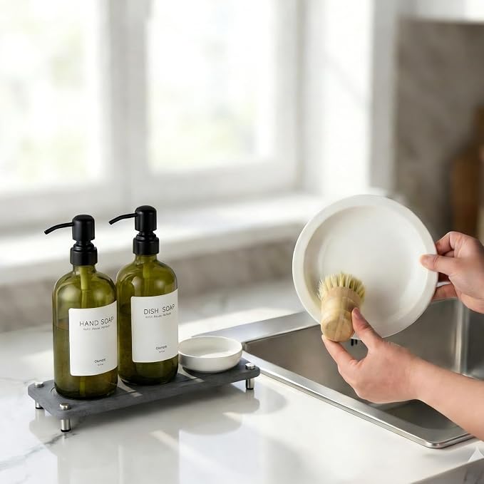 2 Pack Kitchen Soap Dispenser Set - 16oz Green Glass Dish and Hand Soap - Image 6