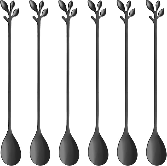 AnSaw 6-Piece Elegant Black Leaf Long Handle Teaspoons by AnSaw