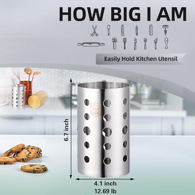 QRU Kitchen Utensil Holder for Countertop, Stainless Steel Cooking Utensil - Image 3