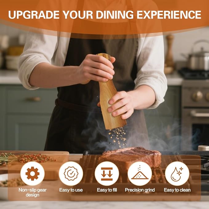 Wooden Salt And Pepper Grinder Set –【Gear-Shape Knob & Effortless Grinding】8 - Image 3