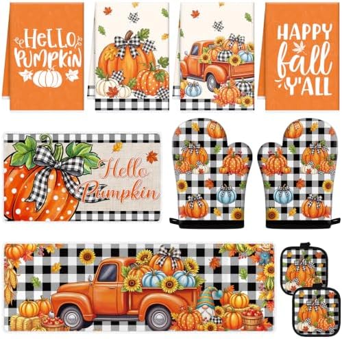 Fall Kitchen Decor Set, 10 PCS Hello Pumpkin Kitchen Mats Towels and