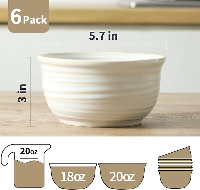 Hasense Cereal Bowls, 20 Ounce Soup Bowls Set of 6, Ceramic Deep Bowl - Image 2