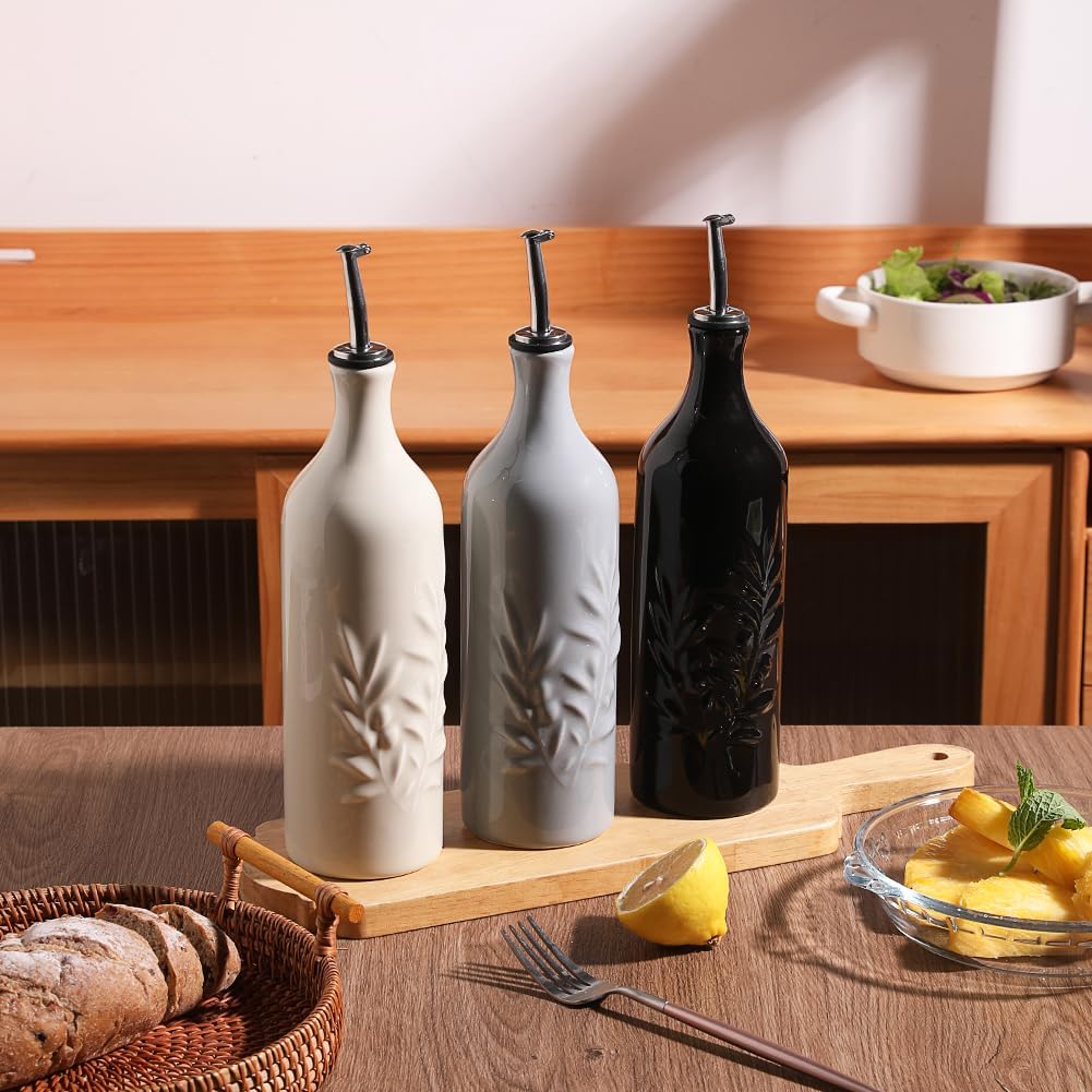 Sweejar Large Ceramic Olive Oil Dispenser Bottle, 24 Oz Relief Opaque