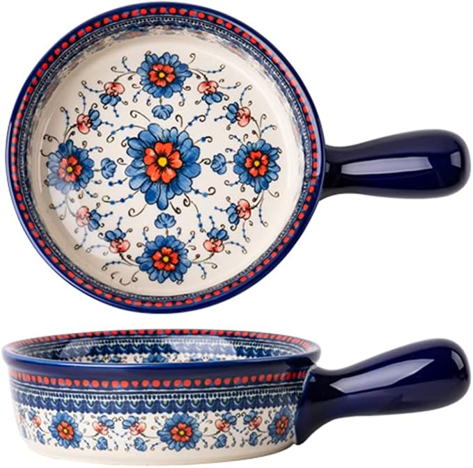 Blue and Orange Flower Vintage Style Ceramic Bakeware Casserole Dish Baking Pan by Bicuzat