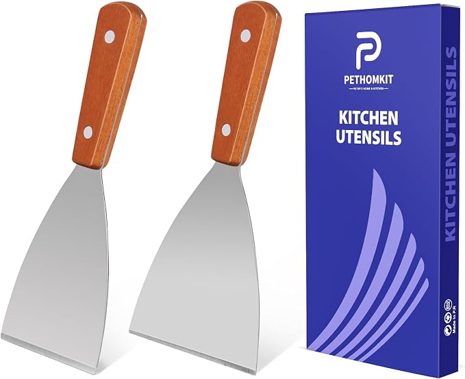 Small Flat Metal Spatula Scraper Set, Griddle Grill Scrapers by PETERSHOMEANDKITCHEN
