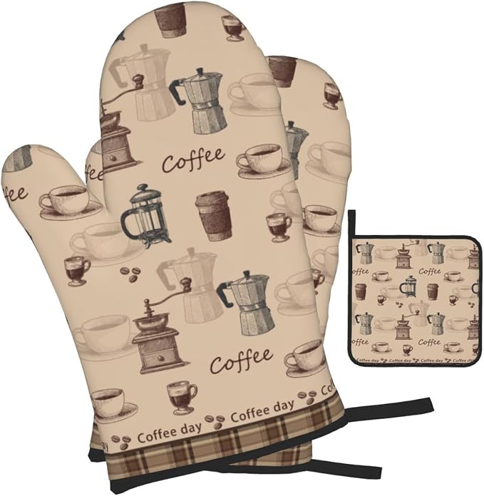 Vintage Coffee Themed Oven Mitts Heat Resistant, Vintage Pot Holder and Oven - Image 2