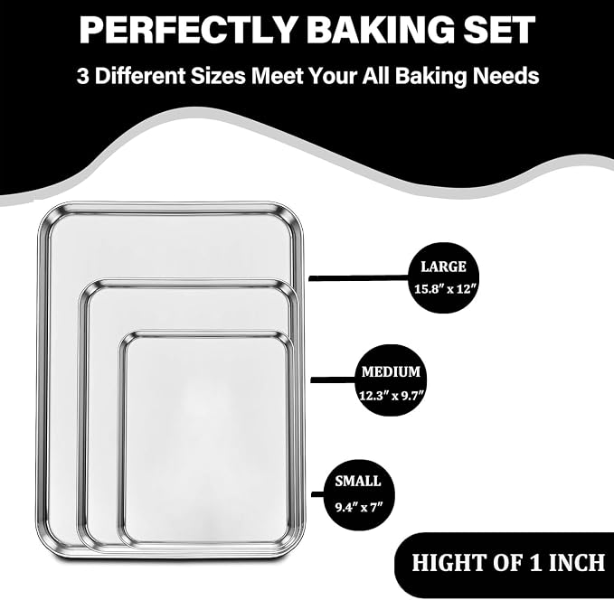 Set of 3 Baking Sheet, Stainless Steel Cookie Sheet Baking Sheet Pan, 9/12/16 - Image 2