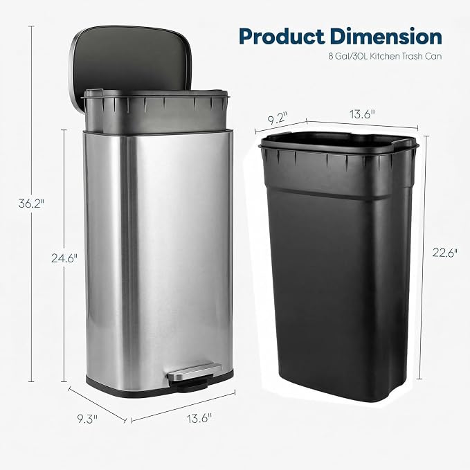 8 Gal Kitchen Trash Can, 30L Recycling or Garbage Bin, Brushed Stainless Steel - Image 2