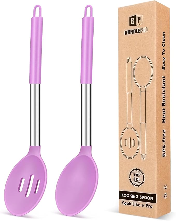 Pack of 2 Large Silicone Cooking Spoons, Non Stick Solid Basting Spoon by BUNDLEPRO