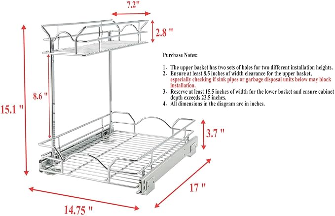 OCG Under Sink Cabinet Organizer Two Tier Pull Out Shelf, Under Sink Sliding - Image 3