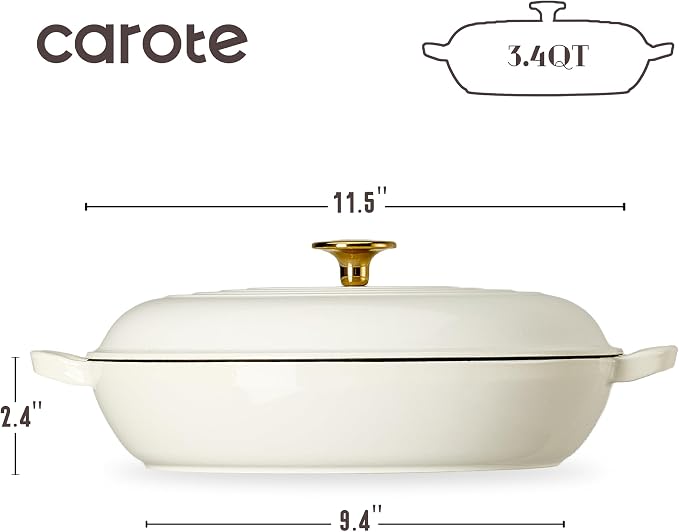 CAROTE 3.4QT Enameled Cast Iron Braiser Pan, Shallow Dutch Oven Casserole - Image 2