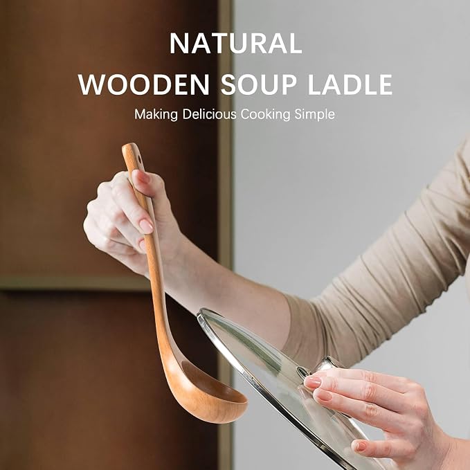 Wooden Soup Ladle, 10.8" Handle, 2 fl oz Medium Scoop Utensil - Image 4