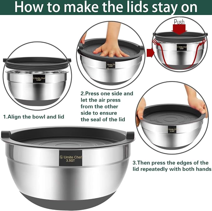 Umite Chef Mixing Bowls with Airtight Lids，6 piece Stainless Steel Metal - Image 6